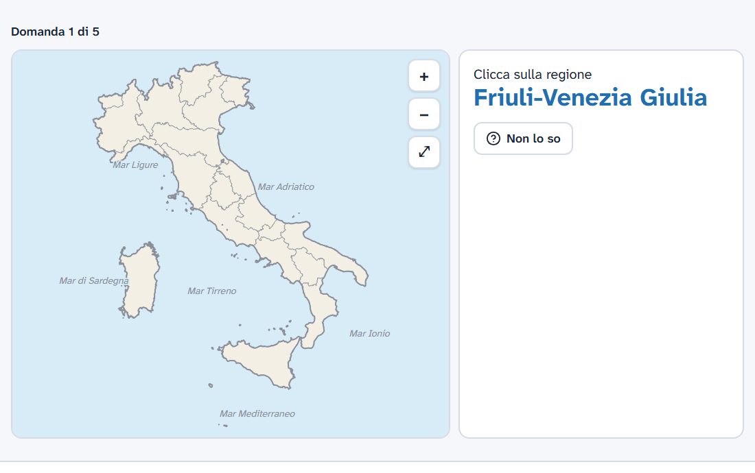QGeo: un quiz chiede di cliccare sulla regione Friuli-Venezia Giulia nella cartina dell'Italia